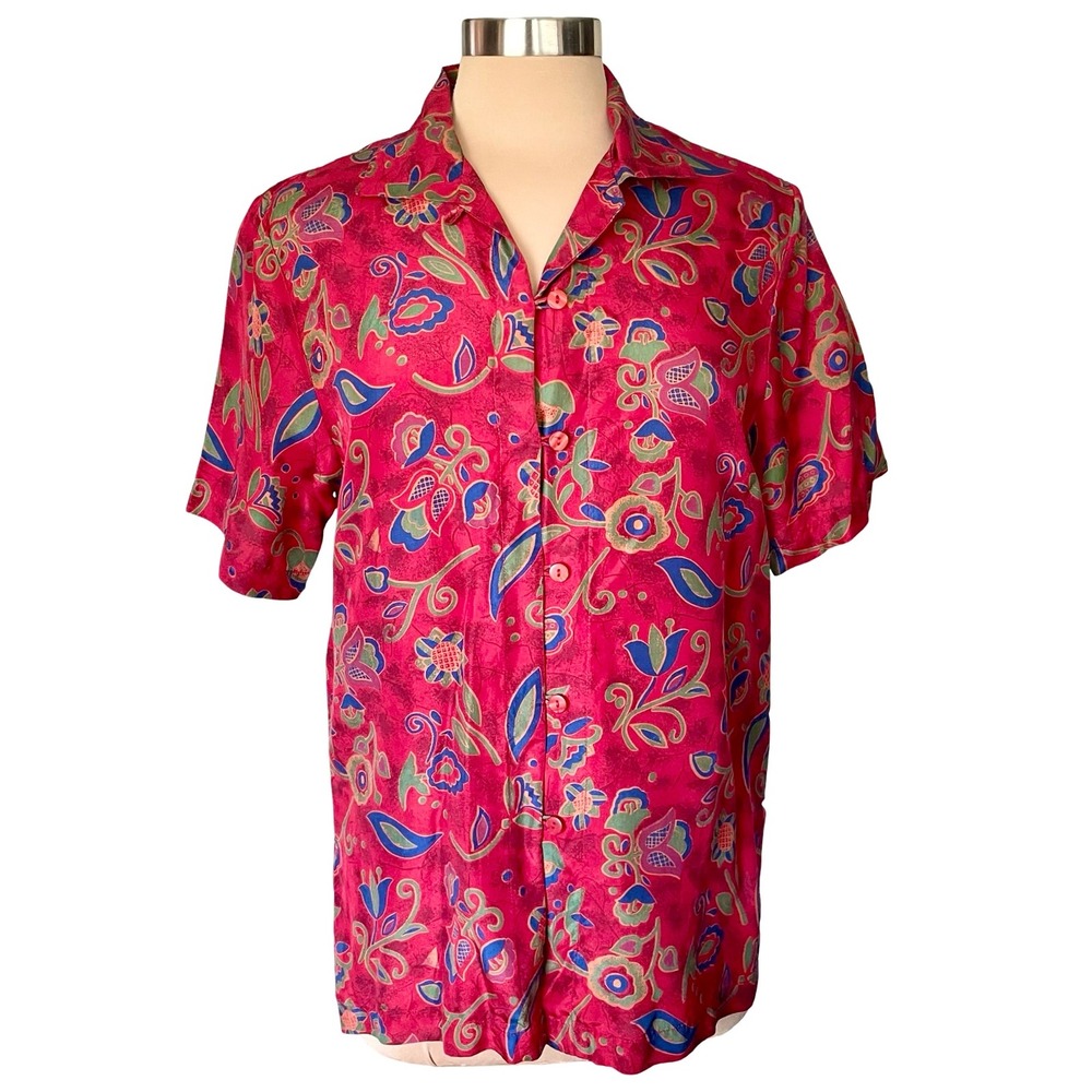 STUNT Vintage Silk Camp Shirt Red Block Print Sz S Button Down‎ Short Sleeves